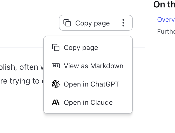 Contextual menu showing copy to markdown and open in AI options