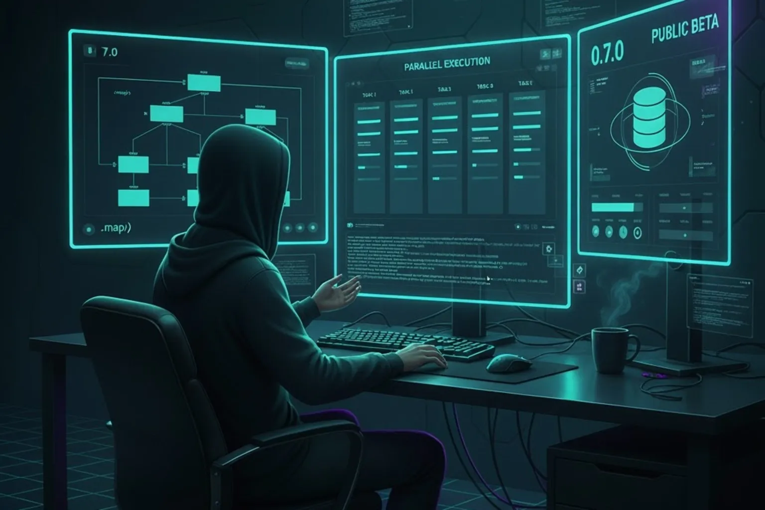 Cyberpunk workflow engine with glowing teal circuits processing parallel data streams