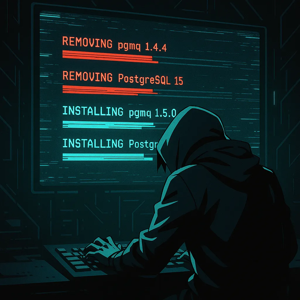 Cyberpunk hacker upgrading database dependencies on a glitchy terminal screen